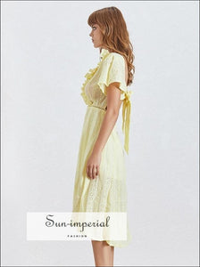 Celeste Dress- Elegant Asymmetrical Dress for Women V Neck Short Sleeve High Waist Backless Ruffles