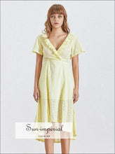 Celeste Dress- Elegant Asymmetrical Dress for Women V Neck Short Sleeve High Waist Backless Ruffles