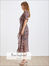 Celine Dress- Vintage Print Women's Dress V Neck Short Sleeve Backless High Waist Ruffles Midi Dress