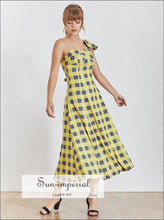 Cenon Dress - Yellow Plaid Sleeveless Asymmetrical Maxi Dress One Shoulder High Waist Ruffles Plaid