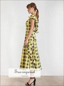 Cenon Dress - Yellow Plaid Sleeveless Asymmetrical Maxi Dress One Shoulder High Waist Ruffles Plaid