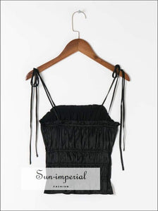 Champaign Tie Shoulder Ruffle Hem Satin Cami top Black Top, Bohemian Style, casual style, chick sexy elegant style SUN-IMPERIAL United 