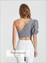 Charleston top - One Shoulder Puff Sleeve Plaid Shirt Blouse Women Half Sleeve Irregular Collar