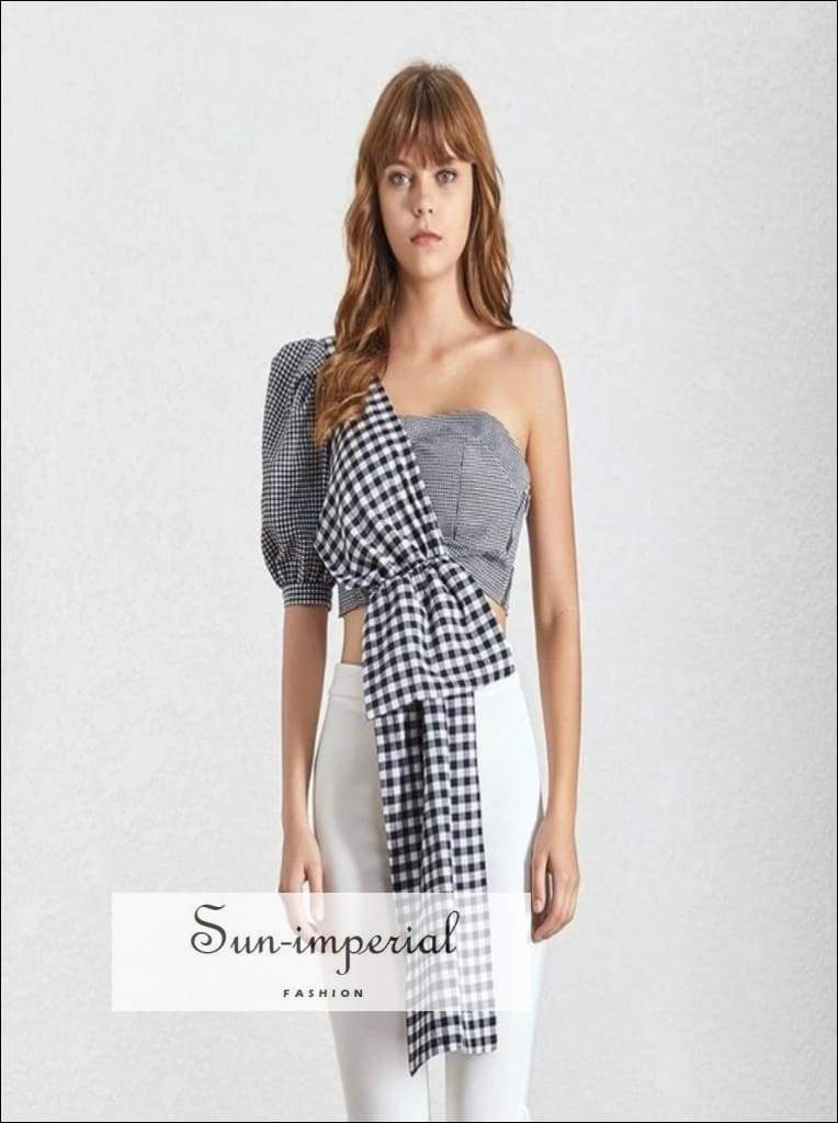 Charleston top - One Shoulder Puff Sleeve Plaid Shirt Blouse Women Half Sleeve Irregular Collar