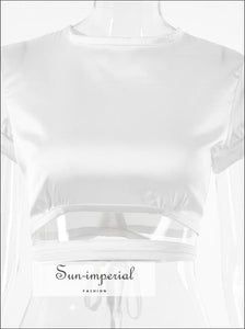 Chelsea top - White Satin Crop Short Sleeve O Neck Tie back Blouse BASIC, best seller, blouse, Tops Female, high neck SUN-IMPERIAL United 