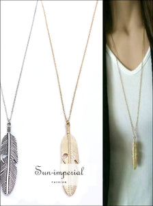 Classic Feather Pendant Necklace Long Chain Statement for Women SUN-IMPERIAL United States