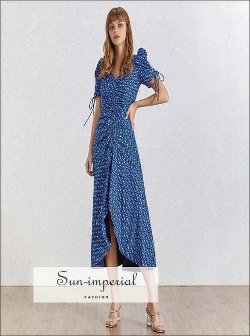 Colette Dress- Blue Vintage Floral Print Midi Dress V Neck Puff Short Sleeve High Waist Ruched Midi