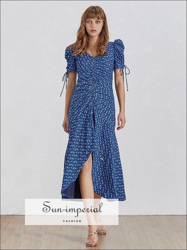 Sun-imperial - colette dress- blue vintage floral print midi dress v neck puff short sleeve high blue / M Sun-imperial - colette dress- blue vintage floral print midi dress v neck puff short sleeve high blue / M