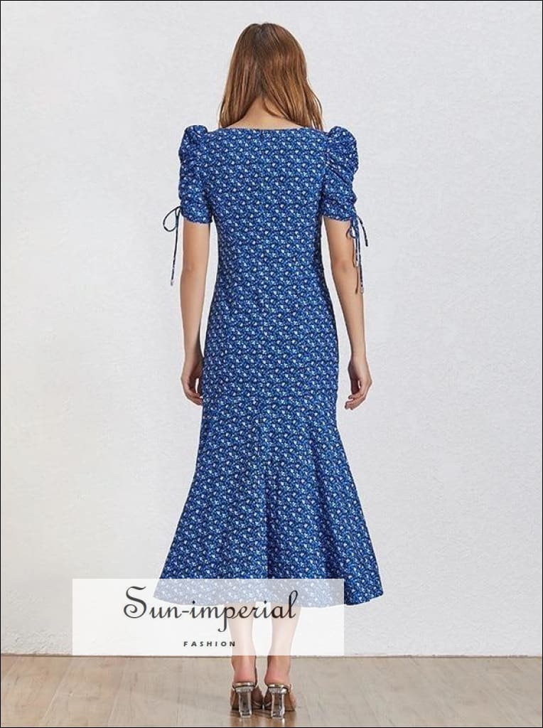 Sun-imperial - colette dress- blue vintage floral print midi dress v neck puff short sleeve high blue / M Sun-imperial - colette dress- blue vintage floral print midi dress v neck puff short sleeve high blue / M