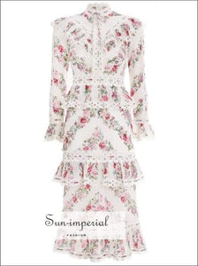 Colina Dress - Vintage Print Women Stand Collar Flare Sleeve High Waist Lace Slim Midi Sleeve, Dress, Dresses, Collar, vintage SUN-IMPERIAL 