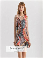Collage Dress - Vintage Sheer Colorful Print Ruffle Mini Neck Long Sleeve High Slim Waist, Sleeve, O Neck, Dress, vintage SUN-IMPERIAL 