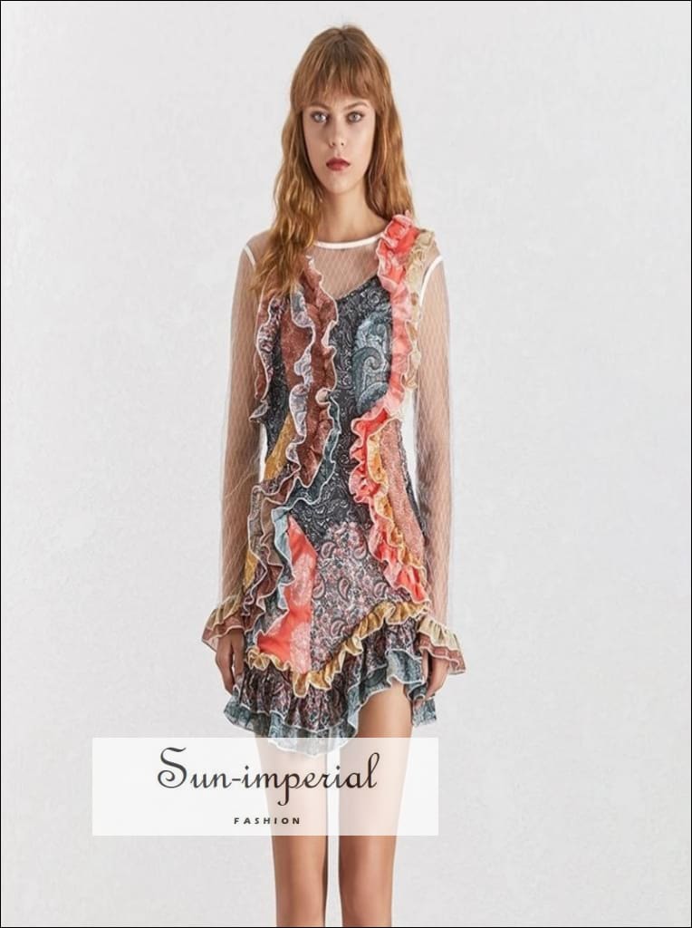 Collage Dress - Vintage Sheer Colorful Print Ruffle Mini Neck Long Sleeve High Slim Waist, Sleeve, O Neck, Dress, vintage SUN-IMPERIAL 