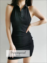 Collar Button front Bodycone Rib Black Mini Dress SUN-IMPERIAL United States