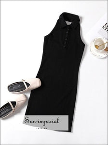 Collar Button front Bodycone Rib Black Mini Dress SUN-IMPERIAL United States