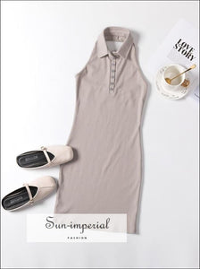 Collar Button front Bodycone Rib Cream Beige Mini Dress