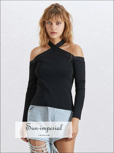 Colombes top - off Shoulder Halter Kintted Sweaters Women Long Sleeve Knitting Sweater top