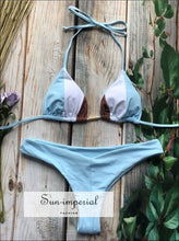 Color Block Hot Pink Blue Brown Bikini Set Women’s Swimming Suit Halter Drawstring Bathing bikini, color block bikini SUN-IMPERIAL United 