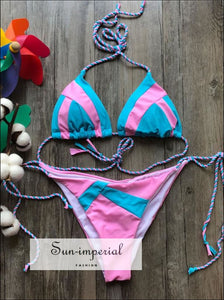 Color Block Hot Pink Blue Brown Bikini Set Women’s Swimming Suit Halter Drawstring Bathing bikini, color block bikini SUN-IMPERIAL United 