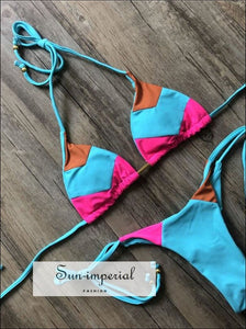 Color Block Hot Pink Blue Brown Bikini Set Women’s Swimming Suit Halter Drawstring Bathing bikini, color block bikini SUN-IMPERIAL United 