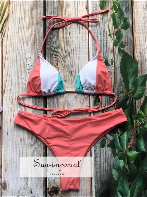 Color Block Hot Pink Blue Brown Bikini Set Women’s Swimming Suit Halter Drawstring Bathing bikini, color block bikini SUN-IMPERIAL United 