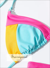 Color Block Pink Blue Yellow Bikini Set Women’s Swimming Suit Halter Drawstring Bathing bikini, color block bikini SUN-IMPERIAL United 