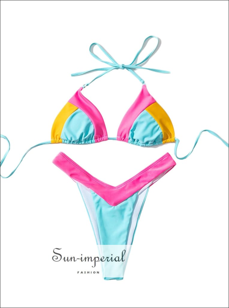 Color Block Pink Blue Yellow Bikini Set Women’s Swimming Suit Halter Drawstring Bathing bikini, color block bikini SUN-IMPERIAL United 
