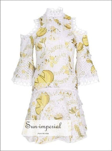 Columbia Dress- Vintage Floral Print Lace A-line Cold Shoulder Golf Neck 3/4 Sleeve Mini Dress dress, Flare Sleeve, floral print, flower 