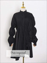 Ronda Dress- Blue Casual Midi Dress Stand Collar Puff Long Sleeve Buttoned Black, collar, dress, fall outfit, High quality dress 