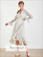 Cora Dress- Vintage Casual Polka Dot Warp Dress for Women V Neck Flare Sleeve Ruffle High Waist Hem Asymmetrical Dresses, Dress, Sleeve, 