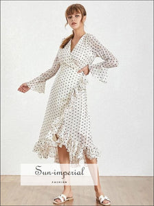 Cora Dress- Vintage Casual Polka Dot Warp Dress for Women V Neck Flare Sleeve Ruffle High Waist Hem Asymmetrical Dresses, Dress, Sleeve, 