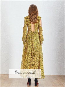 Corona Dress- Vintage Leopard Women Dress Cold Shoulder Flare Long Sleeve High Waist Sheer Asymmetrical Maxi Dresses, Sleeve, Off Shoulder, 
