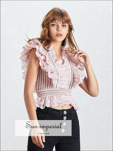 Courbevoie top - Vintage Women's Blouse V Neck Sleeveless Lace Shirt