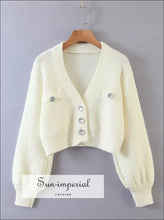Cream Deep V Neck Cropped Knit Cardigan with Long Leatran Sleeve and Glitter Buttons chick sexy style, street vintage style SUN-IMPERIAL 