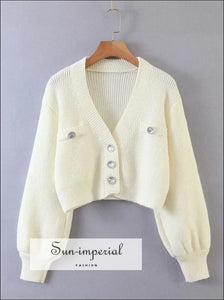 Cream Deep V Neck Cropped Knit Cardigan with Long Leatran Sleeve and Glitter Buttons chick sexy style, street vintage style SUN-IMPERIAL 