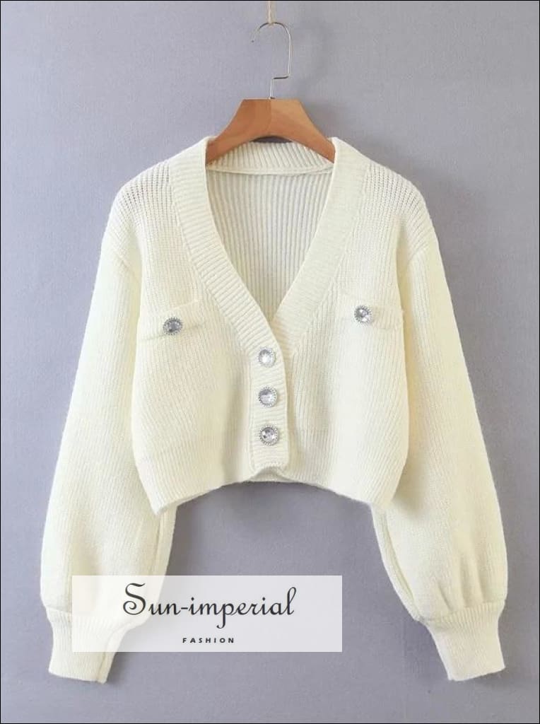 Cream Deep V Neck Cropped Knit Cardigan with Long Leatran Sleeve and Glitter Buttons chick sexy style, street vintage style SUN-IMPERIAL 