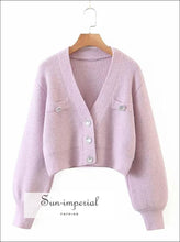 Cream Deep V Neck Cropped Knit Cardigan with Long Leatran Sleeve and Glitter Buttons chick sexy style, street vintage style SUN-IMPERIAL 
