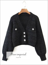 Cream Deep V Neck Cropped Knit Cardigan with Long Leatran Sleeve and Glitter Buttons chick sexy style, street vintage style SUN-IMPERIAL 