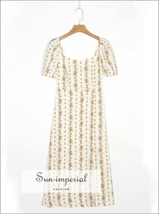 Cream Floral Print Short Puff Sleeve Midi Dress with back Bow Tie detail Bohemian Style, boho style, floral dress, print vintage harajuku 