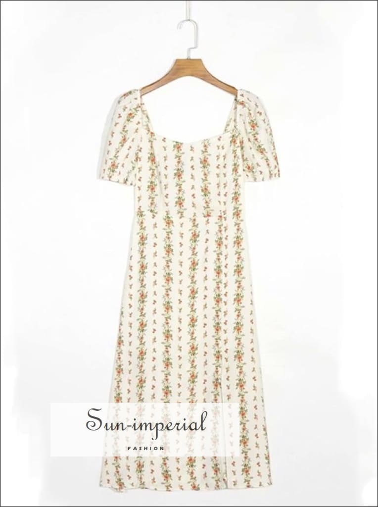 Cream Floral Print Short Puff Sleeve Midi Dress with back Bow Tie detail Bohemian Style, boho style, floral dress, print vintage harajuku 