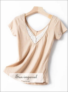 Cream V-neck front and back V Neck Women T-shirt Lace Buttons Detailing Short Sleeve Blouse Basic style, vintage women t-shirt SUN-IMPERIAL 
