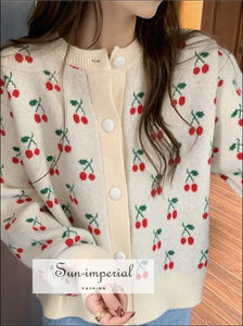 Cream Vintage Button through Cardigan Hand Crochet Cherry Print Knit top bohemian style, bsic top, harajuku Preppy Style Clothes 