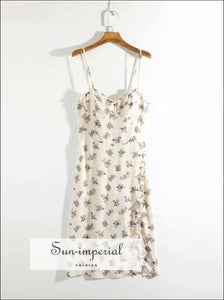 Cream Vintage side Ruffles Split Midi Dress with Cami Strap and Purple Floral Print