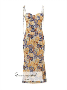 Cream with Yellow & Blue Flower Print side Split Midi Dress Corset Bust and Tie Cami Strap Beach Style Print, bohemian style, boho chick 