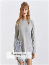 Creteil Sweater - Mesh Ruffles Patchwork Sweater for Women O Neck Long Sleeve Asymmetrical Knitted