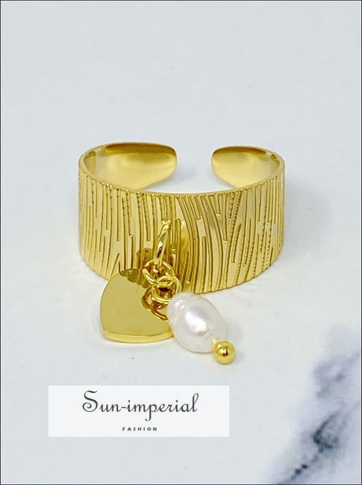 Gold-filled Cuff Dangle Ring With Heart Pendent And Pearl Detail Sun-Imperial United States
