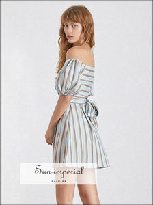 Cybil Dress - Casual Striped for Women Asymmetrical Collar Half Sleeve High Waist Hit Color Collar, Dress, Sleeve, Waist, vintage 