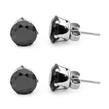 Stud Earring Set of 2 Black Round Cubic Zirconia Stainless Steel CZ Studs