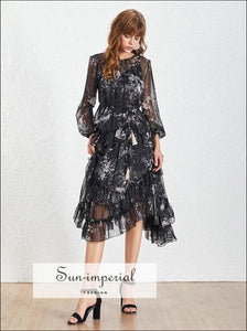 Dana Dress - Vintage Floral Asymmetrical O Neck Midi Sheer Ruffle Long Sleeve Women Dress, High Waist, Sleeve, Neck, vintage SUN-IMPERIAL 