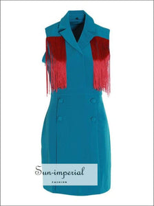 Daphne Dress - Patchwork Women Lapel Collar Sleeveless High Waist Button Split Mini Waist, Collar, Sleeveless, Tassel Patchwork, vintage 
