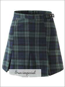 Dark Green and Blue High Waist Check Gingham Plaid Pleated Mini Skirt with Buckle Belt detail Basic style, chick sexy harajuku Preppy Style 